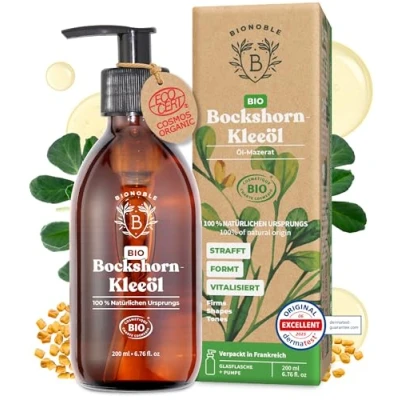 Abbildung von Bionoble Bockshornklee Öl Bio 200ml Mazerat aus Bockshornkleesamen und Sonnenblumenöl Körper, Brustbereich, Gesäß, Haare, Nägel Vegan Fenugreek Oil Glasflasche + Pumpe