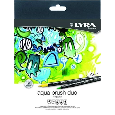 Abbildung von LYRA Aqua Brush Duo Marker Set mit 36 Pinselstiften auf Wasserbasis für Künstler jeden Alters doppelter Spitze feine Details und breite Striche langlebige Farbmarker