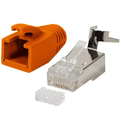 Abbildung von odedo 10x RJ45 Stecker CAT7, CAT6A, CAT8.1 Netzwerkstecker für Installationskabel, Verlegekabel 10GBit AWG 22 24 PoE LAN Crimp Metall mit Einfädelhilfe und Knickschutz Orange