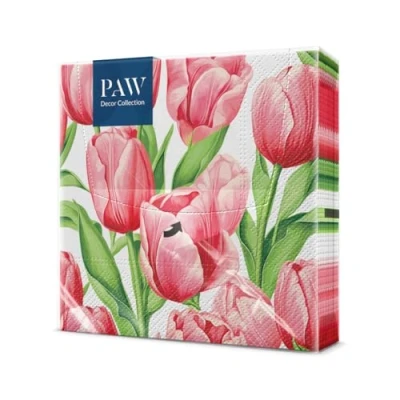 Abbildung von PAW Servietten 3 lagig (33 x 33 cm) 20 Stück Perfekt für Ostern, Partys, Frühling und Feiern Tischdeko Osterfeier Bunte Papierservietten Rote Tulpen Tulip Time
