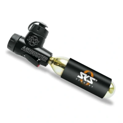 Abbildung von SKS GERMANY AIRBUSTER CO2 Fahrradpumpe für Wettkämpfe (CO2 Luftpumpe, mit Druckdosierventil &amp; Drehdosierer, inkl. Kälteschutz, Staubschutzkappe, Pumpenhalter 16g Kartusche), Schwarz