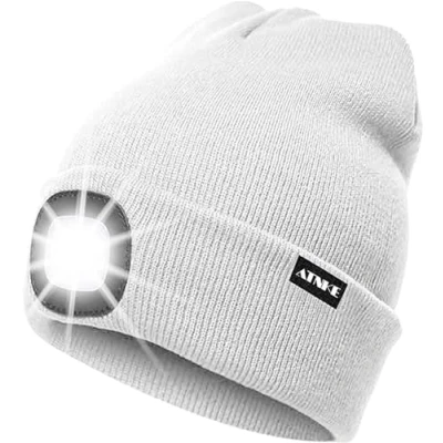 Abbildung von ATNKE LED Beleuchtete Mütze,Wiederaufladbare USB Laufmütze mit Licht Extrem Heller 4 Lampe Winter Warme Stirnlampe für Herren und Damen Geschenke/White