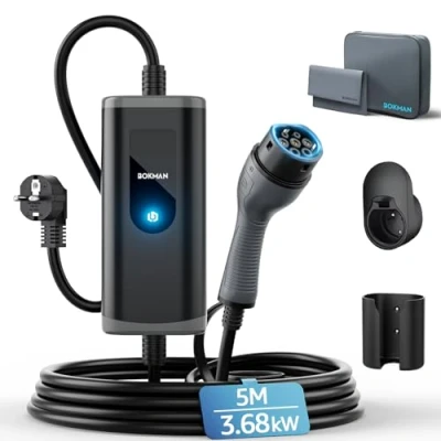 Abbildung von bokman Typ 2 Schuko EV Ladegerät, 5 Meter 16A 3,68kW IP65 Wasserdicht, Tragbares Ladegerät für IEC 62196 mit Tragetasche &amp; Mikrofaserhandtuch