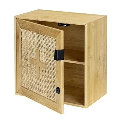 Abbildung von WENKO Medikamentenschrank Allegre, abschließbares Schränkchen zum Aufbewahren von Medikamenten aus Bambus und Rattangeflecht im Boho Style, inklusive Befestigungsmaterial, 30 x 17,8, Natur