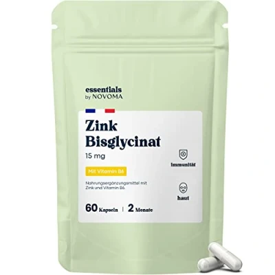 Abbildung von Zink 15mg + Vitamin B6, 60 Kapseln (2 Monate), Premium Chelat von Albion®, Hochdosiert mit Elementares Zinc pro Kapsel, Für Immunsystem, Vegan, Essentials by Novoma