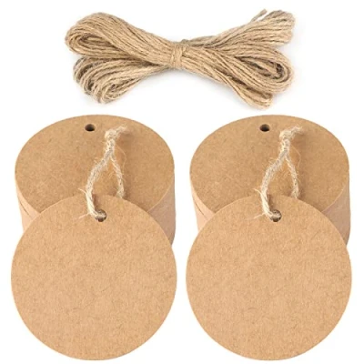 Abbildung von jijAcraft Rund Geschenkanhänger Kraftpapier Etiketten 5,5 cm, 100 Stück Hängeetiketten und Juteschnur, für Handwerk, Hochzeit, Weihnachten, Geschenkverpackung (Braun)