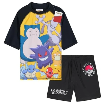 Abbildung von Get Trend Pokemon Schwimmanzug Kinder Teenager Badeanzug Pikachu Gengar mit Badehose Jungen und Schwimmshirt Strand Schwimmen (9 10 Jahre, Schwarz Pokemon)