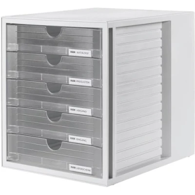 Abbildung von HAN Schubladenbox SYSTEMBOX mit 5 geschlossenen Schubladen, Schreibtisch oder im Schrank, inkl. Auszugsperre + Beschriftungsclip, möbelschonende Gummifüße, 1450 63, lichtgrau/transluzent klar