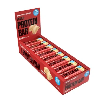 Abbildung von Body Attack Proteinriegel Marzipan 24 x 35 g Fitness Protein Riegel fettarm Eiweißriegel mit wichtigen Vitaminen, L Carnitin &amp; 25% hochwertigem Milcheiweiß Made in Germany