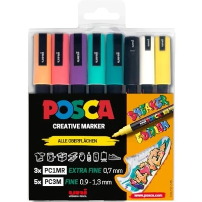 Abbildung von uni ball 186827 POSCA Marker Set Sneaker Stifte, 8er Etui, deckend auf hellen Oberflächen