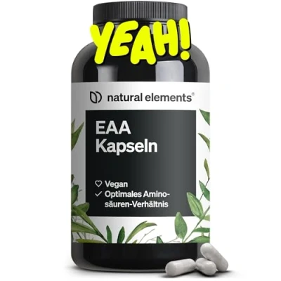 Abbildung von EAA Kapseln hochdosiert 300 8 essenzielle Aminosäuren vegan, ohne unnötige Zusätze in Deutschland produziert &amp; laborgeprüft