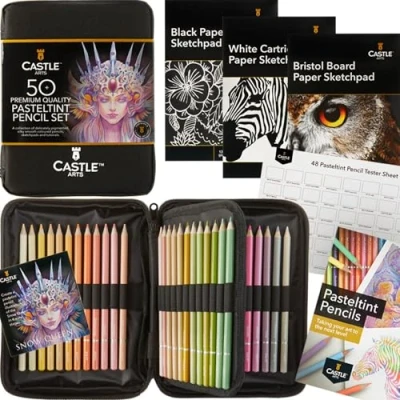 Abbildung von Castle Art Supplies 48 teiliges Pastellstifte Set mit Extras Farben in sanfte, satte Töne Für professionelle und erfahrene Künstler Übersichtliches, robustes Reißverschlussetui