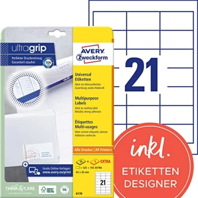 Abbildung von AVERY Zweckform 6170 Adressaufkleber (525 plus 105 Klebeetiketten extra, 64x36mm auf A4, Papier matt, bedruckbare Absenderetiketten, selbstklebende Adressetiketten mit ultragrip) 30 Blatt, weiß
