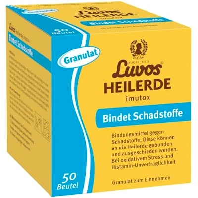 Abbildung von Luvos Heilerde imutox Granulat Naturheilmittel zur Bindung von Schadstoffen Bei Beschwerden im Magen Darm Trakt, oxidativem Stress und Histaminunverträglichkeit 50 Beutel