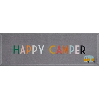 Abbildung von andiamo In und Outdoor Teppich Camping Schmutzfangmatte wetterfest für den Bereich Läufer mit Antirutsch Beschichtung robust pflegeleicht 50 x 150 cm Happy Camper