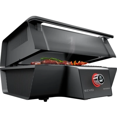 Abbildung von SEVERIN SEVO GT Elektrogrill mit Deckel, elektrischer Tischgrill schnellem Grillstart in 10 min bis 500 C, Balkon Grill OLED Display, für innen und außen, 3.000 W, Edelstahl/Schwarz, PG 8106