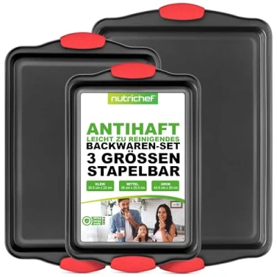Abbildung von NutriChef Backformen Set 3 Teilig Kuchenform, stapelbares Backblech für Zuhause, Backzubehör Küche, Backofenblech ofenfest bis 230 C, PFOA, PFOS, PTFE frei, Backofenbleche aus Edelstahl