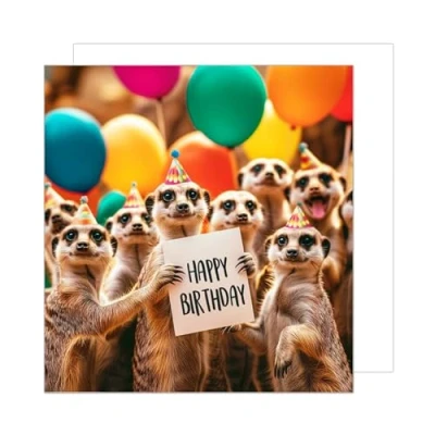 Abbildung von Edition Seidel Premium quadratische Geburtstagskarte mit Umschlag. Glückwunschkarte Happy Birthday Billet Tier Karte Mann Frau Kinder Coole Erdmännchen Bunte Ballons (GQ175 SW024)
