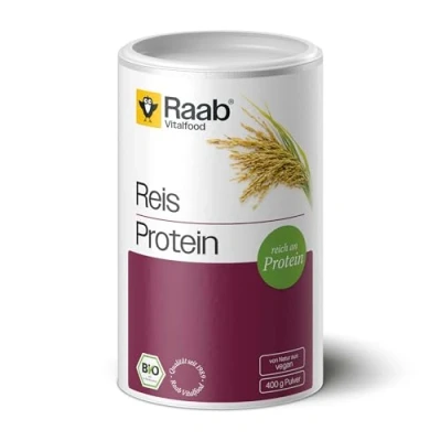 Abbildung von Raab Vitalfood Bio Reis Protein Pulver mit 80 % pflanzlichem Eiweiß, aus biologischem Anbau, vegan, für Shakes, 400 g