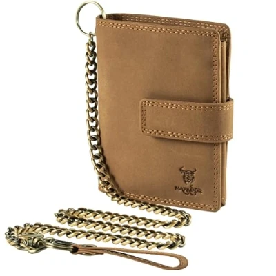 Abbildung von MATADOR Herren Biker Geldbörse Portemonnaie Leder mit Kette Brieftasche Portmonee Männer RFID Schutz &amp; Geschenk Box Geldtasche Geldbeutel Lederportmonai Herrenbrieftasche Hell Braun