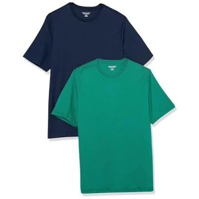 Abbildung von Amazon Essentials Herren Kurzärmeliges T Shirt mit Rundhalsausschnitt aus Baumwolle Regular Fit, 2er Pack, Grün/Marineblau, M