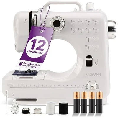 Abbildung von Bomann® Nähmaschine für Anfänger mit 12 Stichmustern Sewing Machine Vor u. Rückwärtsnähfunktion &amp; 2 Geschwindigkeitsstufen Batterie oder Netzbetrieb blendfreiem LED Licht NM 6063 CB