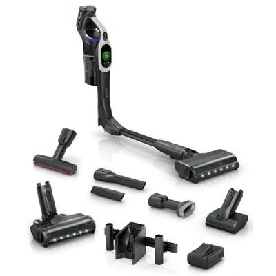 Abbildung von Bosch Akku Staubsauger Unlimited 10 BKS1051GQC, kabellos, MicroCleanTM Technology, TFT Display, Staubkomprimierung, HEPA Filtersystem, J. Motorgarantie, 4 Ah Akku, LED Licht, Schnellladegerät, grau