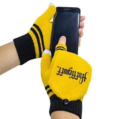 Abbildung von Cinereplicas Harry Potter Handschuhe Abnehmbare Halbhandschuhe Touchscreen Funktion Offiziel lizensiert Hufflepuff Gelb und Schwarz