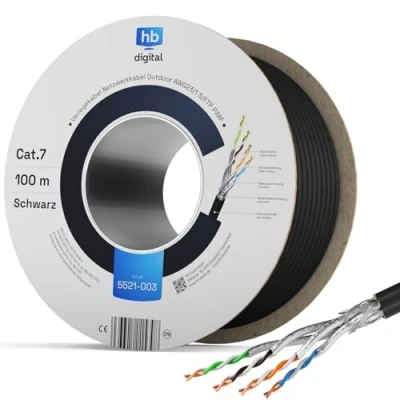 Abbildung von hb digital 100m Cat 7 LAN Kabel Netzwerkkabel Verlegekabel Outdoor AWG23 S/FTP doppelt geschirmt PIMF Reines Kupfer 1000MHz/10Gbits Netzwerk Installation Ethernet Datenkabel für Außenbereich Schwarz