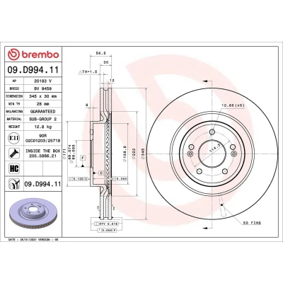 Abbildung von BREMBO 09.D994.11 Bremsscheibe 345 30 5 innenbelüftet beschichtet hochgekohlt