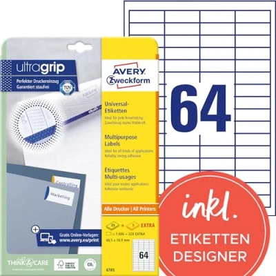 Abbildung von AVERY Zweckform 4785 Universal Etiketten (1.600 plus 320 Klebeetiketten extra, 48,5x16,9mm auf A4, Papier matt, individuell bedruckbar, selbstklebende Aufkleber mit ultragrip) 30 Blatt, weiß