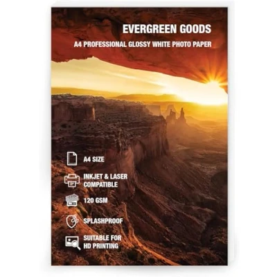 Abbildung von Evergreen Goods™ 50 Blatt doppelseitiges Fotopapier, A4, glänzend, weiß, 120 g/m², hochauflösender Druck, Karton, Inkjet &amp; Laser bedruckbar