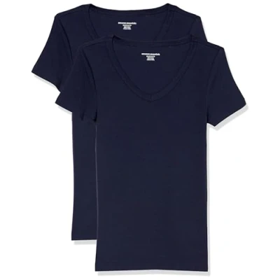 Abbildung von Amazon Essentials Damen Kurzärmeliges T Shirt mit V Ausschnitt, Schmale Passform, 2er Pack, Marineblau, L