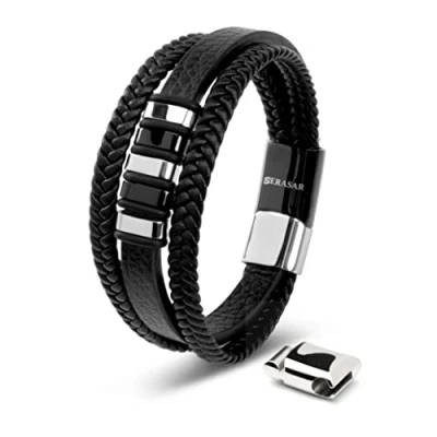Abbildung von SERASAR Lederarmband für Herren Schwarz/Silber/Gold, mit Magnetverschluss aus Edelstahl, verstellbares Armband und Jugendliche, Accessoires Herren, Geschenkidee Ehemann, Freund,