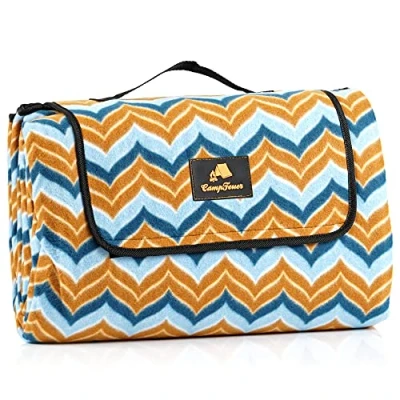 Abbildung von CampFeuer Picknickdecke 200x200 cm blau/braun Muster: Zickzack XXL Campingdecke wasserabweisend Stranddecke isoliert, Outdoor Decke Camping Zubehör Picknick, Campingmatte