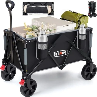 Abbildung von Overmont Faltbar Klappbar Bollerwagen mit Bremsen Alle Gelände Räder 150I großes Fassungsvermögen Seitentaschen Getränkehalter Verstellbarem Griff bis 150 kg Tragkraft Schwarz