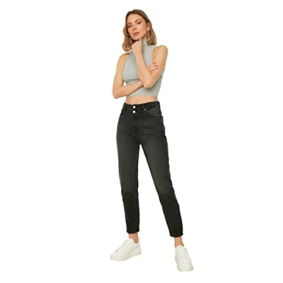 Abbildung von Trendyol Damen Double Button High Waist Mother Jeans, Schwarz, 34 EU