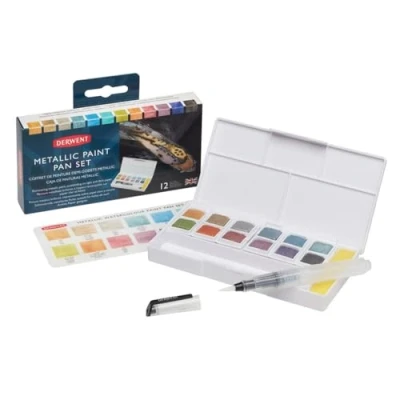 Abbildung von Derwent Inktense Metallic Paint Travel Set Palette, Tragbare Palette mit 12 Farben, Wassertankpinsel &amp; Schwamm, Malerei, Reise Set, Ideal zum Basteln, Professionelle Qualität, 2305657