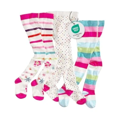 Abbildung von wellyou Kinder Strumpfhosen Mädchen 3er Set Baby gestreift, gepunktet &amp; geblümt bunte Baumwollstrumpfhosen aus Ökotex zertifizierten Materialien (gr 134 146 7 9 Jahre)