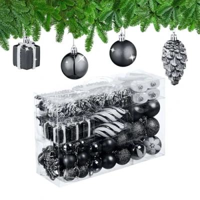 Abbildung von Relaxdays Weihnachtskugeln 72er Set, glitzernde, Matte, glänzende Baumkugeln, Stiefel, Herz, Zapfen, Kunststoff, schwarz
