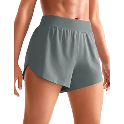 Abbildung von CRZ YOGA Damen Mid Waist Running Shorts Seitliche Splits Sport Workout Kurze Hose Leichte Atmungsaktive Sporthose Laufhose Grauer Salbei 42