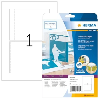 Abbildung von HERMA 5036 CD DVD Einleger für Jewel Case Hüllen perforiert, 25 Blatt, 151 x 118 mm, 1 pro A4 Bogen, Stück, bedruckbar, matt, blanko Papier Cover Inlays, weiß