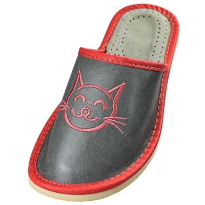 Abbildung von APREGGIO Hausschuhe Damen Leder Feste Gummisohle Schuhe für zu Hause Mit Einer Katze Bestickt Handgefertigt Pantoffeln Größe 37 Grau Pink