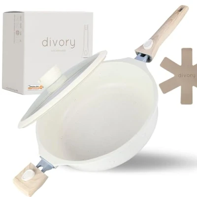 Abbildung von DIVORY Schmorpfanne 28cm Induktion, Servierpfanne mit Deckel 4,2l Abnehmbarer Griff, beschichteter Kochtopf backofenfest, Aluminium Schmortopf hoher Rand