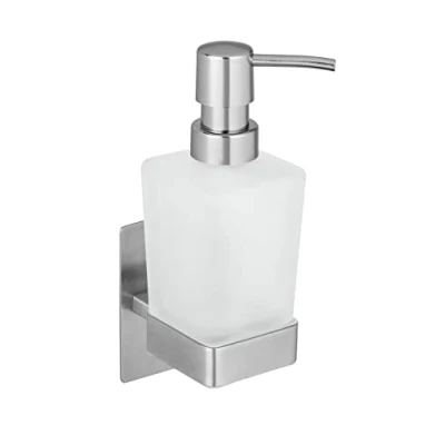Abbildung von WENKO Turbo Loc Seifenspender Genova Matt, 200 ml, Befestigen ohne Bohren, Edelstahl/Glas satiniert, 6,2 x 19,7 9 cm, Silber matt