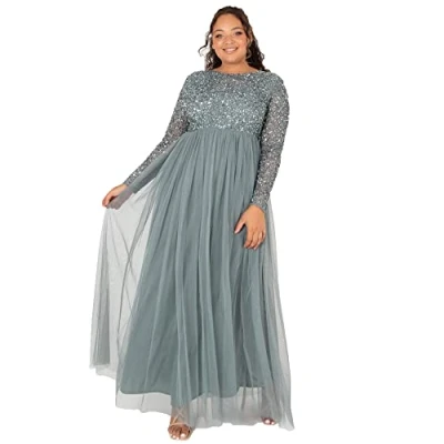Abbildung von Maya Deluxe Damen Embellished Long Sleeve Maxi Formal Dress, Misty Green, 44