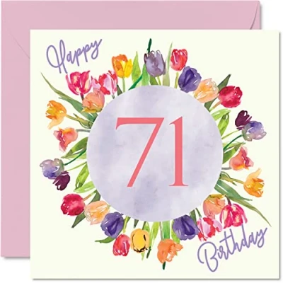 Abbildung von schöne Geburtstagskarte zum 71. Geburtstag für Frauen Aquarell Tulpen, Blumenstrauß Happy Birthday Karte Ihre Oma, Mama, Geburtstagsgeschenke, 145 mm x mm, florale Grußkarten