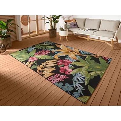 Abbildung von Hanse Home Tropical Flowers In &amp; Outdoor Teppich Flachgewebe Aussenteppich, Jungel Blumen Flower Florales Design, ÖKO TEX Wetterfest UV beständig für Balkon, Terrasse, Garten Bunt, 120x180cm