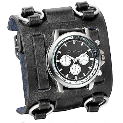Abbildung von JewelryWe Herren Armbanduhr, Analog Quarz, 30M Wasserdicht Elegant Casual Sport Uhr mit Schwarz Breit Leder Armband, Rund Zifferblatt und Silber Gehäuse