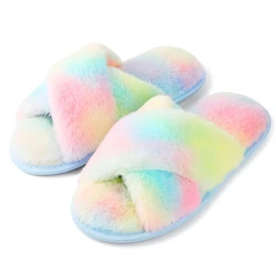 Abbildung von riemot Hausschuhe Damen Winter Plüsch Pantoffeln Memory Schaum Warme Hausschlappen Bequeme Rutschfeste Flauschige Slipper, Regenbogenfarben, gr.40 41